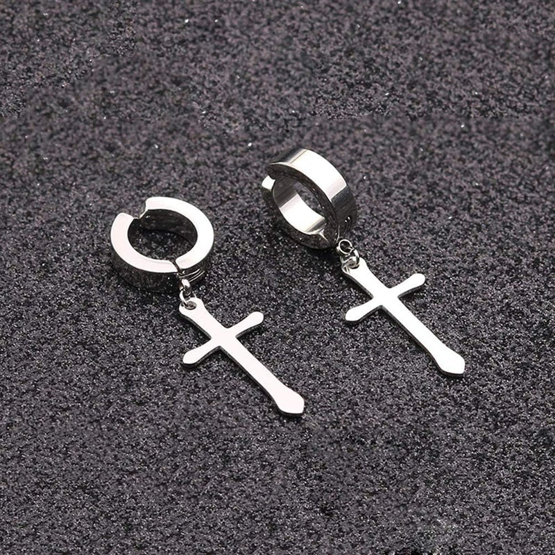 CCBFY Non-pierced Earrings Set for Men Women Cross Titanium Steel Hoop Dangle Clip On Earring - Image 3