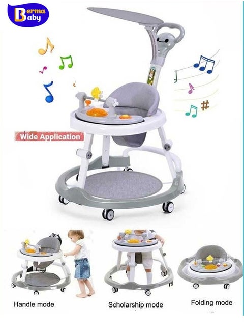 Foldable Multi-Function Baby Walker, Foldable Boy and Girl Baby Walker, 3-in-1 Toddler Walker, Learning to Sit or Push, Adjustable Speed, Rear Wheel Safety Bumper, Removable Seat (Gray - Deluxe)