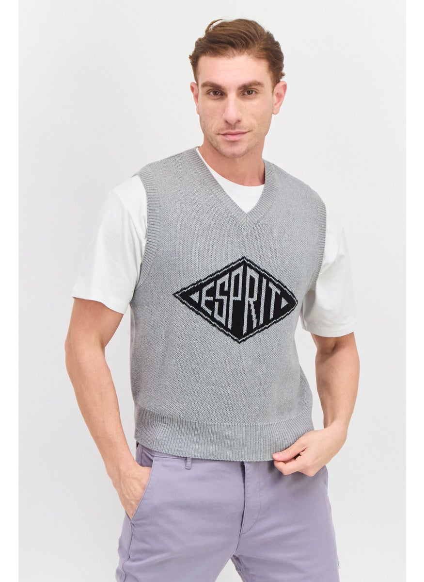 ESPRIT Men V-Neck Sleeveless Textured Sweater Vest, Grey  - Image 1