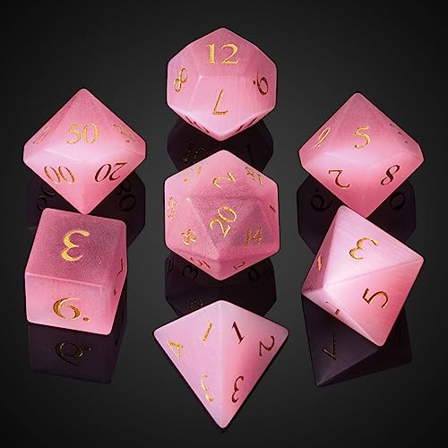 UDIXI Natural Gemstone Dice Set 7PCS Crystal Stone DND Dice for Role Playing Games and Other Tabletop Games Pink Cats Eye - Image 1