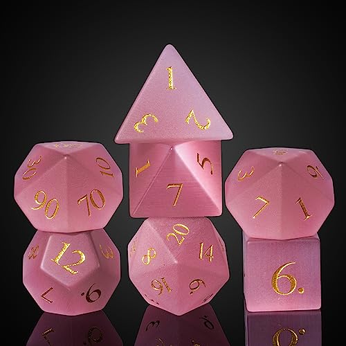 UDIXI Natural Gemstone Dice Set 7PCS Crystal Stone DND Dice for Role Playing Games and Other Tabletop Games Pink Cats Eye - Image 5