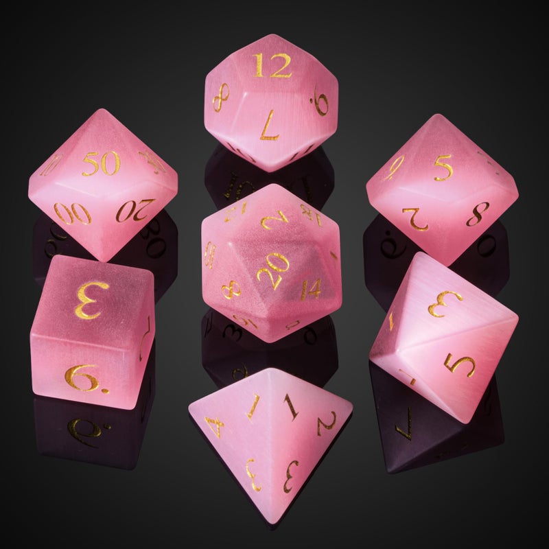 UDIXI Natural Gemstone Dice Set 7PCS Crystal Stone DND Dice for Role Playing Games and Other Tabletop Games Pink Cats Eye - Image 3