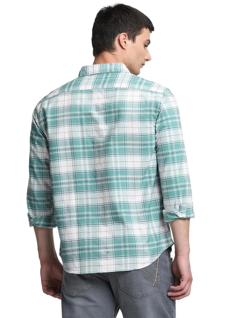 Dennis Lingo Men's Green 100% Cotton Checkered Button Down Shirt