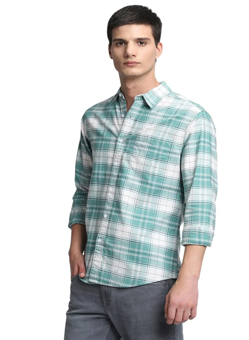 Dennis Lingo Men's Green 100% Cotton Checkered Button Down Shirt