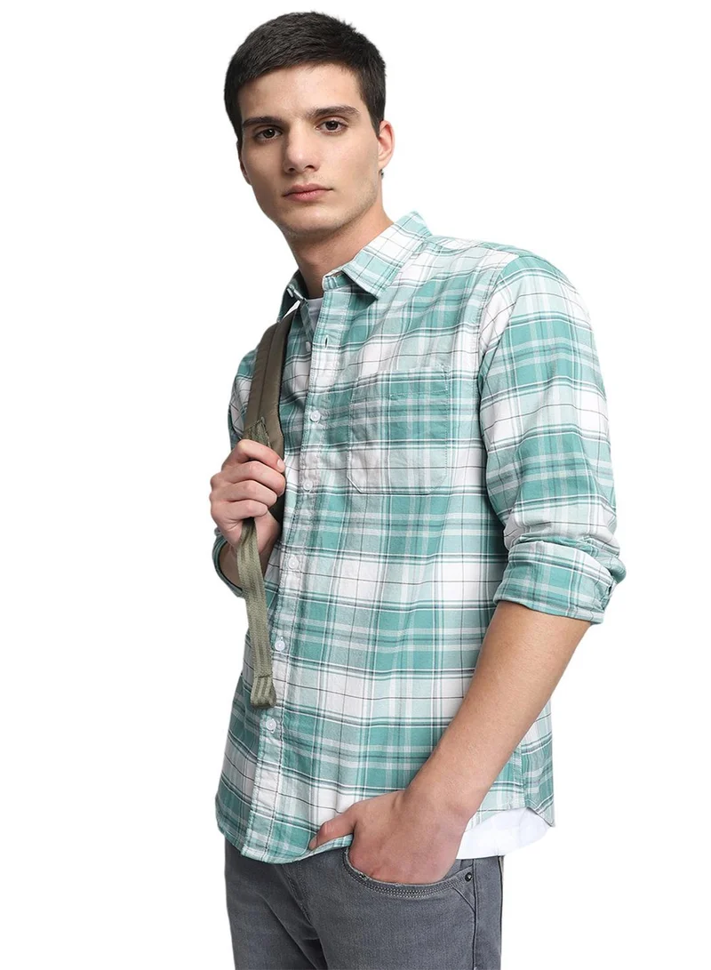 Dennis Lingo Men's Green 100% Cotton Checkered Button Down Shirt