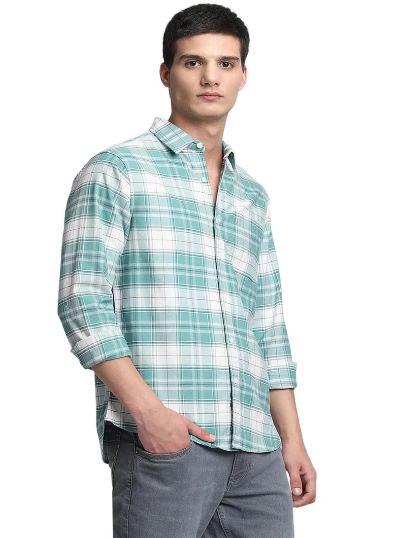 Dennis Lingo Men's Green 100% Cotton Checkered Button Down Shirt
