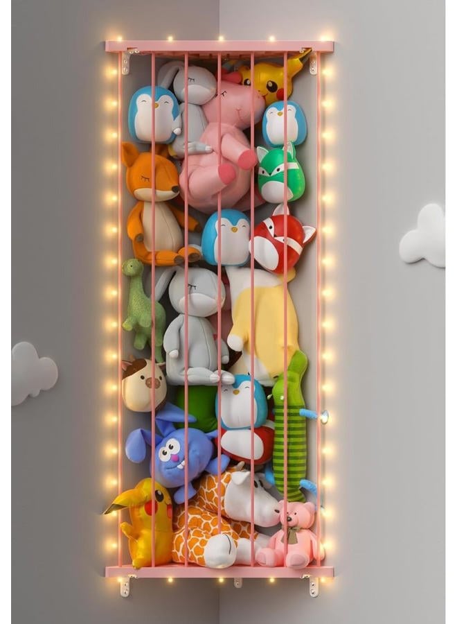 Befayoo Stuffed Animal Storage Shelf Organizer(Patented) - Corner Stuffed Animal Holder Length Adjustable - Wall Plush Storage for Nursery Playroom Bedroom Kids Room (Pink+Light, Standard) - Image 1