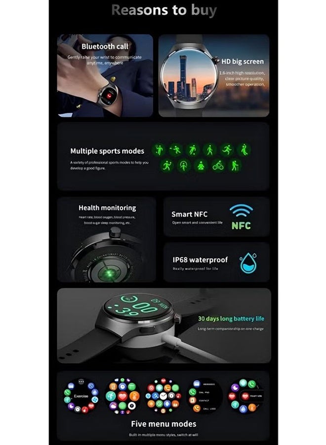 RollsTimi  Smart watch GT4PRO with Bluetooth call function (answering/making calls), fitness tracking watch with sleep monitoring function, suitable for iPhone/Android, IP68 waterproof, black tape - Image 2