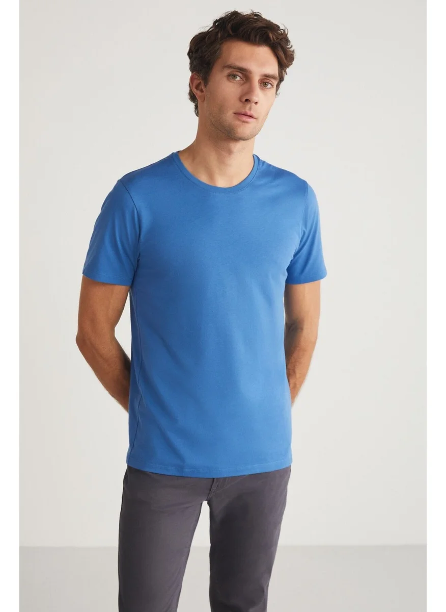 جريميلانج MICHEL Men's Slim Fit Slim Cut 100% Organic Cotton Basic Knitted Blue T-Shirt