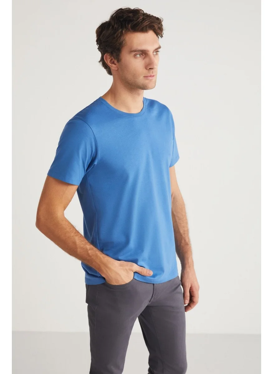 جريميلانج MICHEL Men's Slim Fit Slim Cut 100% Organic Cotton Basic Knitted Blue T-Shirt