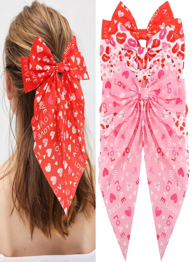 Atoden Valentines Hair Bows for Women Pink Red Long Tail Large Bow Hair Clips with Heart Print Valentine's Day Hair Accessories Valentines Day Gifts for Her 4Pcs - Image 1