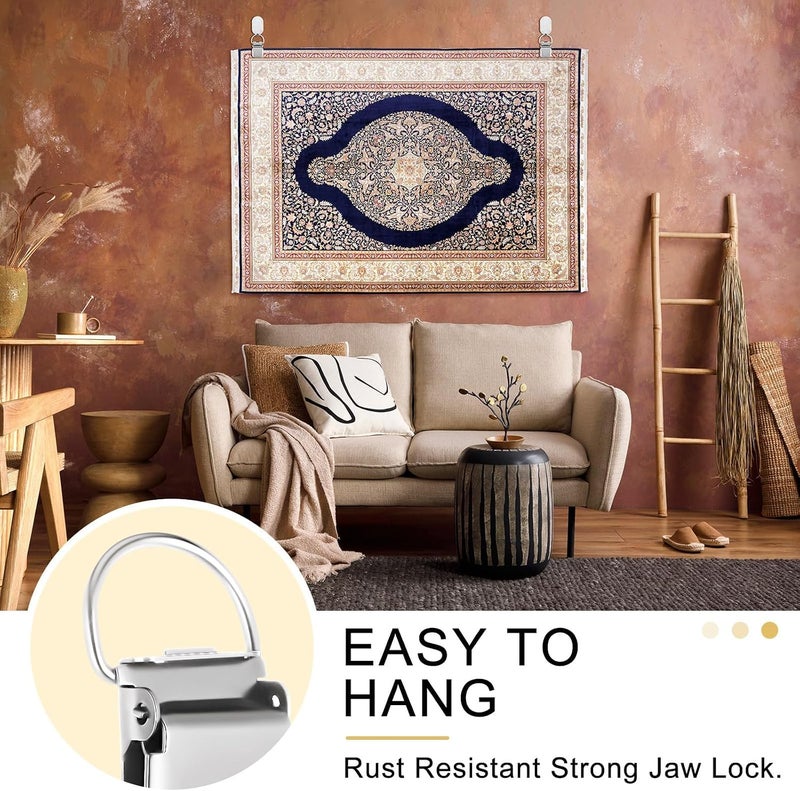 KASTWAVE Metal Tapestry Clips, 4-Pack Wall Hanging Clips with Strong Adhesive Backing for Hanging Wall Rugs, Carpets, Textile Art, and Curtain Displays, Durable Silver Hooks for Home Decor - Image 3
