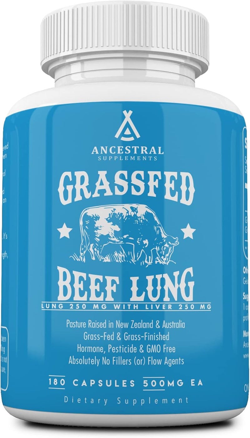 Ancestral Supplements Grass Fed Beef Lung Supplement with Liver 500mg Lung and Liver Supplement Supports Lung Respiratory Vascular and Circulatory Health NonGMO 180 Capsules - Image 1