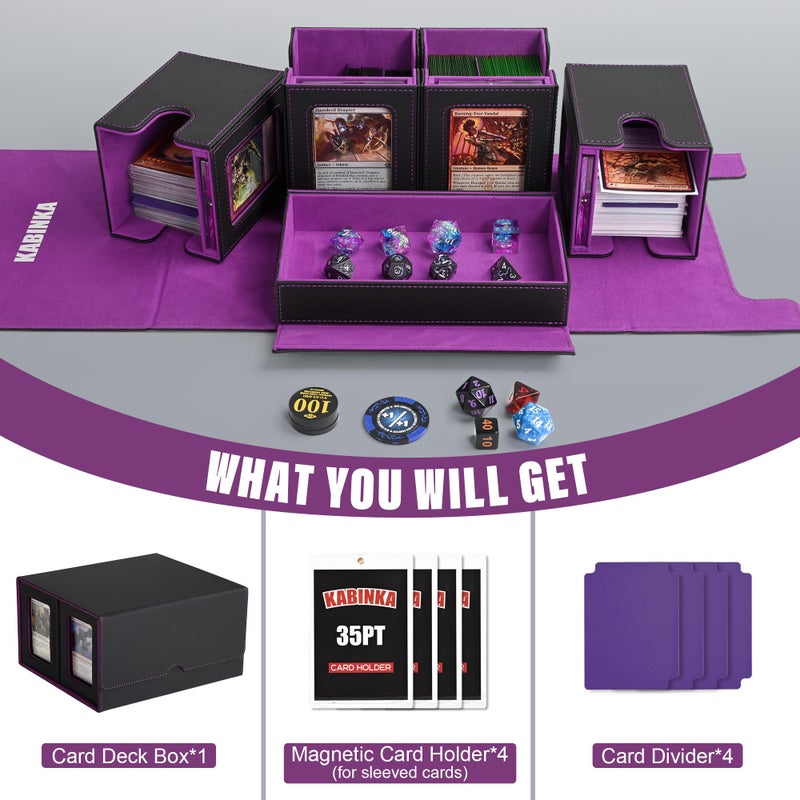 Kabinka Commander Deck Box for MTG Fits 400+ Double-Sleeved Card Storage, 5 IN 1 Removable Card Case with Dice Tray, Display Window for TCG/PTCG/EDH, 4 Magnetic One Touch Holders (Black Purple) - Image 5