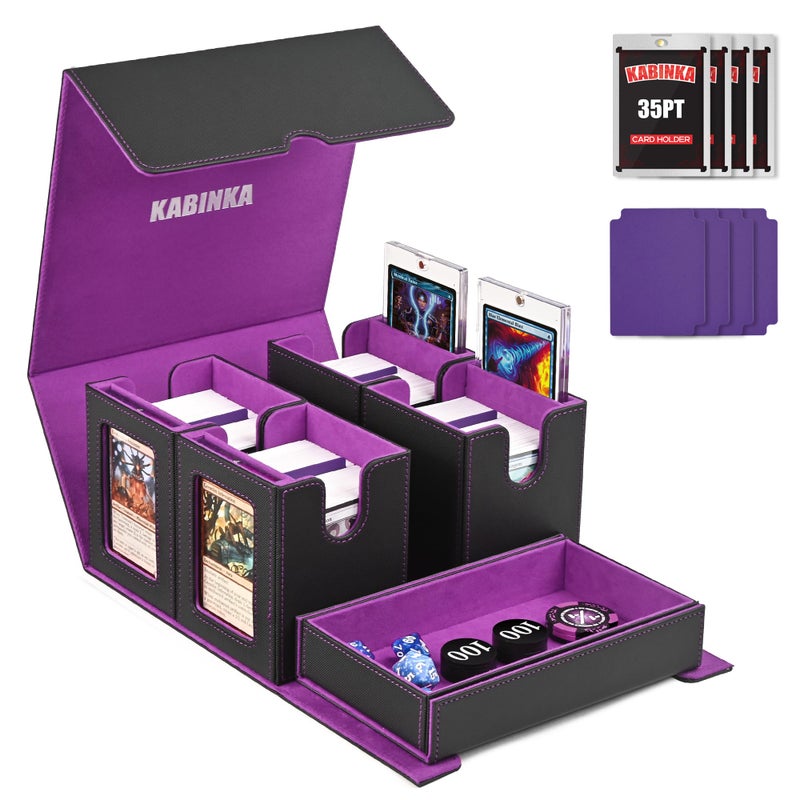 Kabinka Commander Deck Box for MTG Fits 400+ Double-Sleeved Card Storage, 5 IN 1 Removable Card Case with Dice Tray, Display Window for TCG/PTCG/EDH, 4 Magnetic One Touch Holders (Black Purple) - Image 1