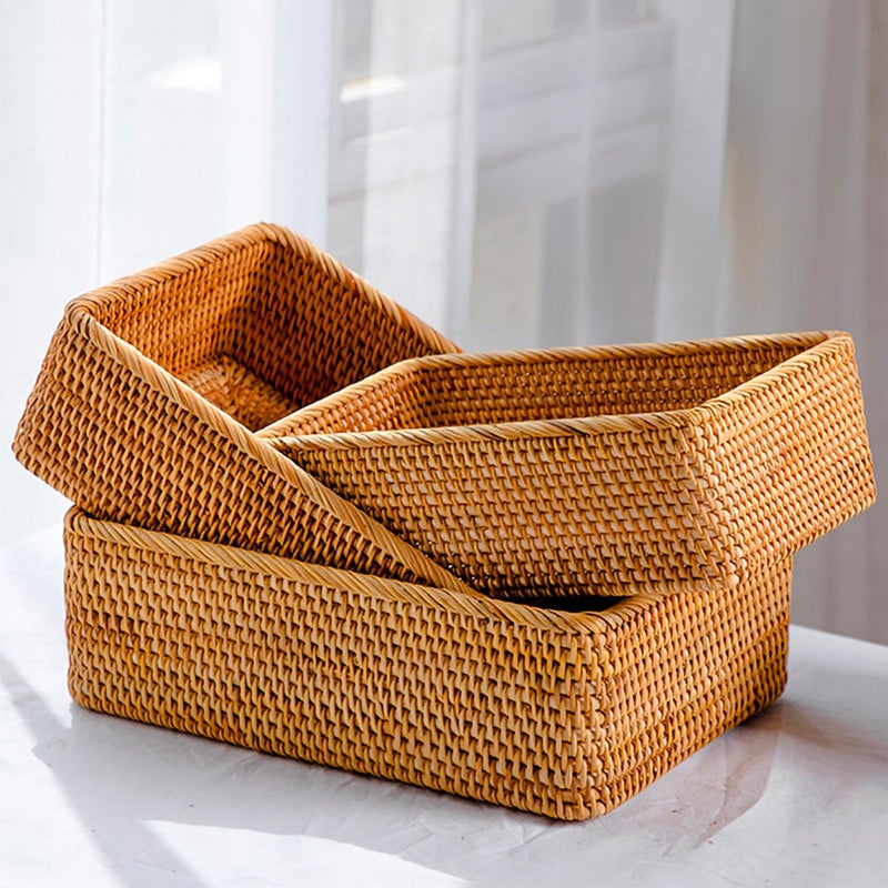 ZENFUN 3 Pack Rectangular Rattan Storage Baskets Bulk Shallow Wicker Baskets for Decor Handmade Woven Nesting Bread Baskets for Organizing Serving for Kitchen Home 3 Sizes