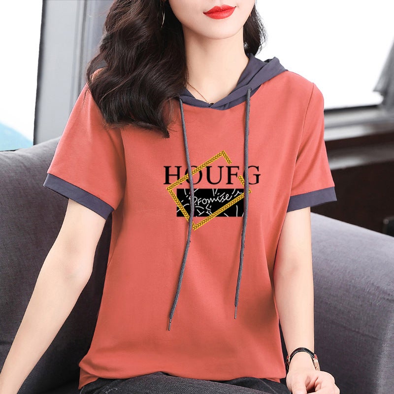Pure Cotton Short-Sleeved T-Shirt For Women 2024 Summer Loose Slimming Thin Sweatshirt Fashionable Printed Hooded Base Shirt Round Neck - Image 4