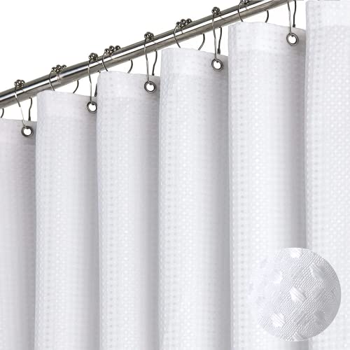 Dynamene Extra Long Shower Curtain,96 Inch Long Waffle Weave Heavy Duty Thick Fabric Bathroom Shower Curtain, Neutral Weighted Hotel Bath Curtain Set with 12 Plastic Hooks,72x96, White - Image 1
