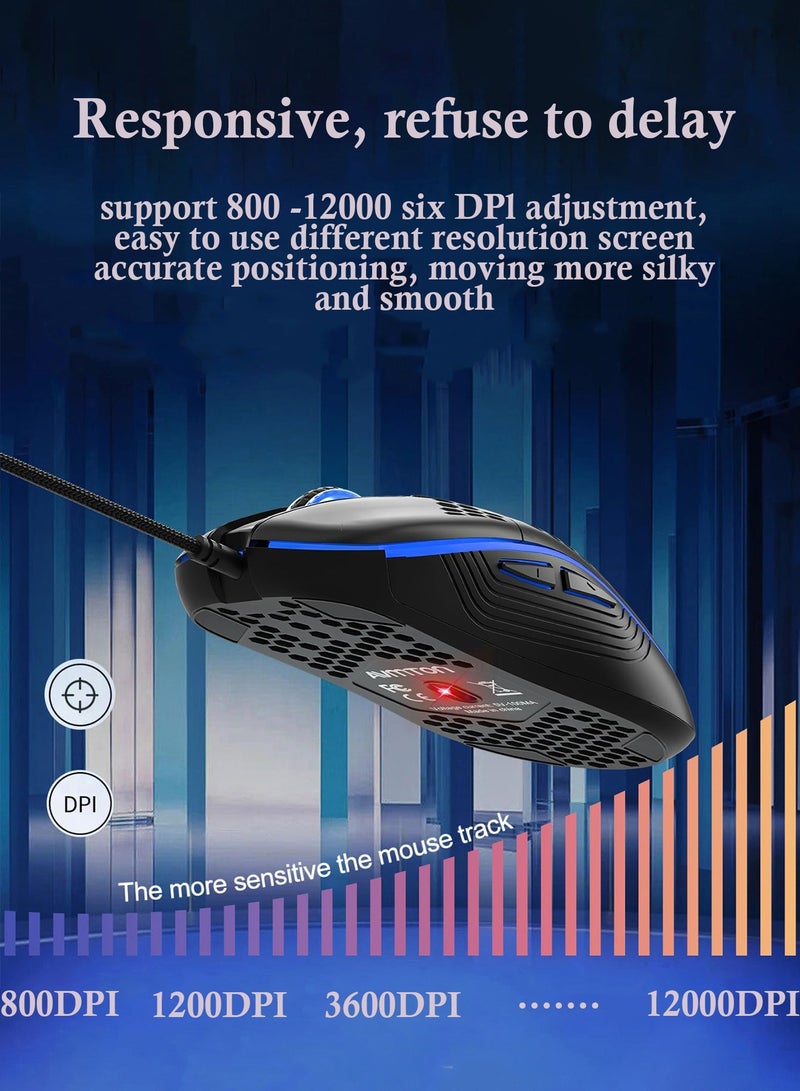 CubeG M5 Ultralight Wired Gaming Mouse with RGB Backlight High-Precision 12000 DPI Optical Sensor, 6 Programmable ons,  Drag-Free Paracord, Ergonomic Gaming Mouse Black - Image 3