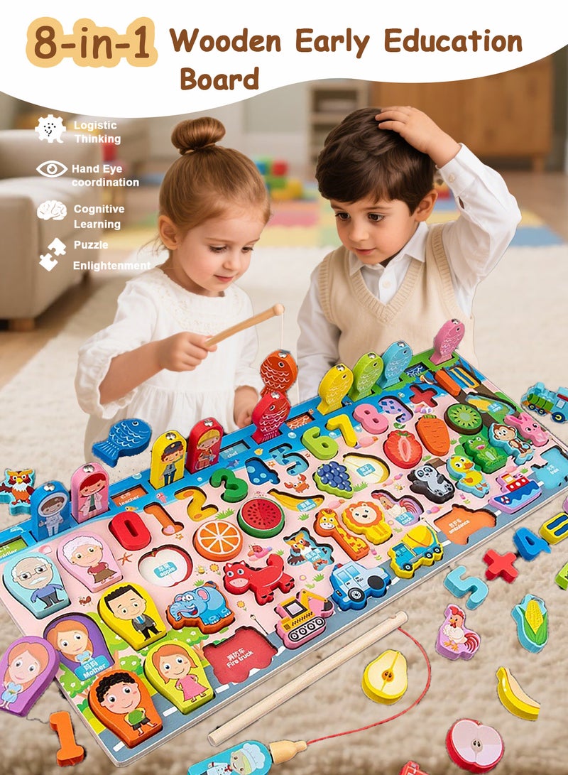 8-in-1 Wooden Logarithmic Board Magnetic Fishing Digital Educational Toy,Shape Matching, Color Fruit Traffic Puzzles for Toddlers' Cognitive Learning & Hand-Eye Coordination - Image 1