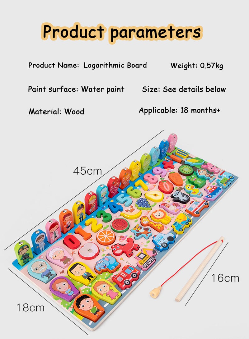 8-in-1 Wooden Logarithmic Board Magnetic Fishing Digital Educational Toy,Shape Matching, Color Fruit Traffic Puzzles for Toddlers' Cognitive Learning & Hand-Eye Coordination - Image 4