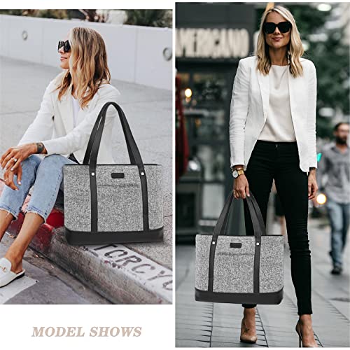 Bosidu Laptop Tote Bag for Women, Water Resistant Canvas Womens Work Tote Bag, Large Capacity Shoulder Bag Fits 15.6 inches Laptop (Light Grey) - Image 2