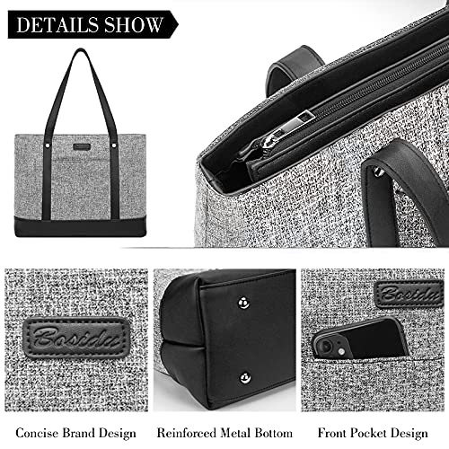 Bosidu Laptop Tote Bag for Women, Water Resistant Canvas Womens Work Tote Bag, Large Capacity Shoulder Bag Fits 15.6 inches Laptop (Light Grey) - Image 4