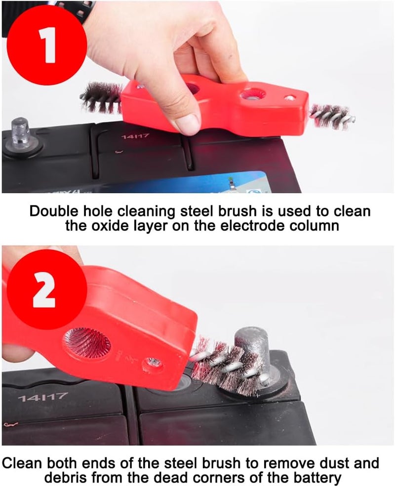 BELOMI 2PCS Car Battery Terminal Cleaning Brush, 4 in 1 Rustproof Battery Cleaner Tool with Steel Wire, Auto Universal Interior and Exterior Battery Terminals Machine Parts（Red） - Image 5