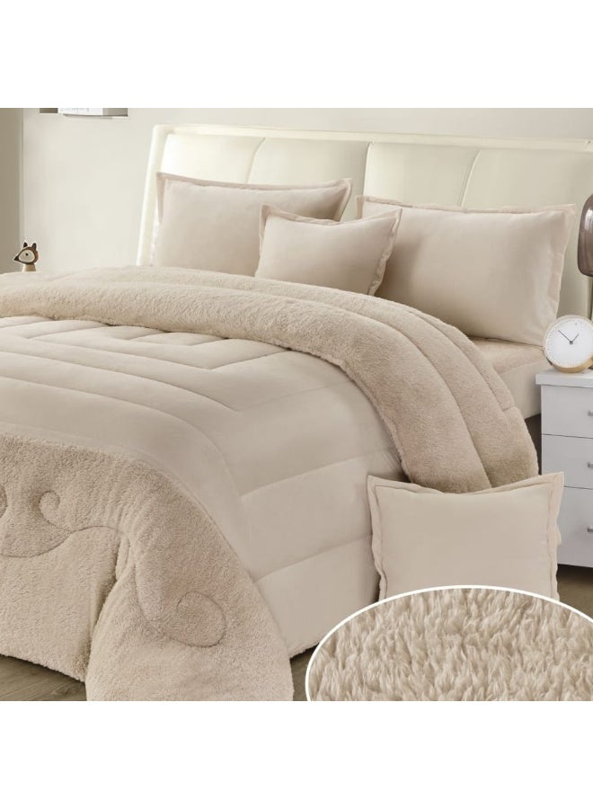 Moon 6 Pieces Winter Comforter Set One Velvet Side And One Side Fur Queen Size 230x250 cm - Image 2