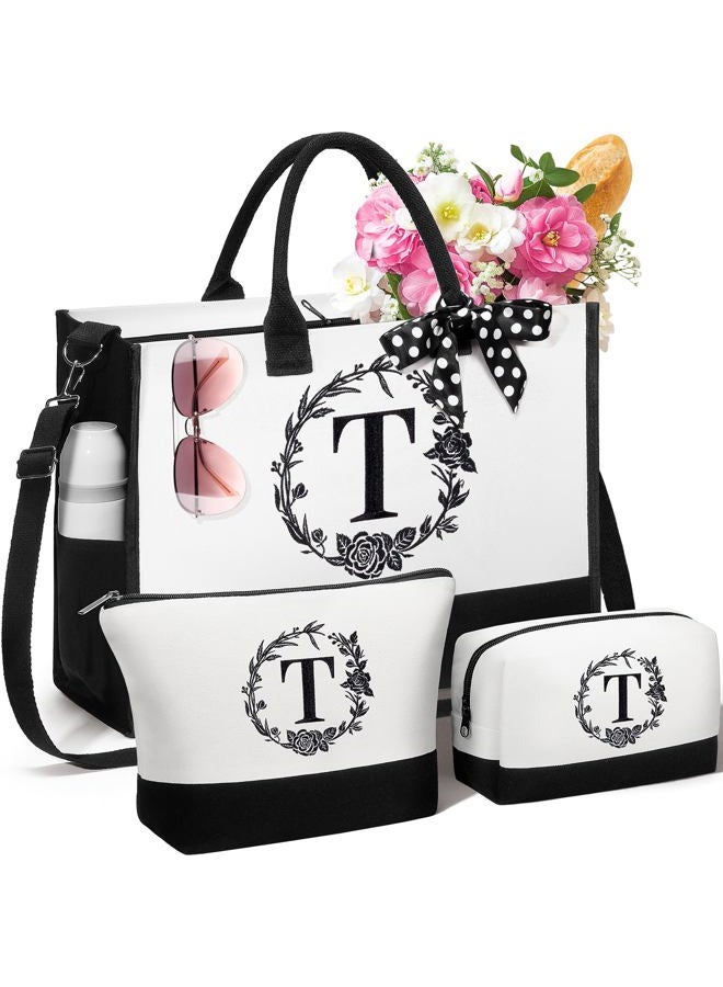 FLOE Personalized Mothers Day Gifts for Mom Women, Initial Canvas Tote Bag & Makeup Bag Monogrammed Beach Tote Bag for Women w/Zipper, Birthday Gifts for Her Sister Friend Girlfriend Wife Daughter Teacher - Image 1