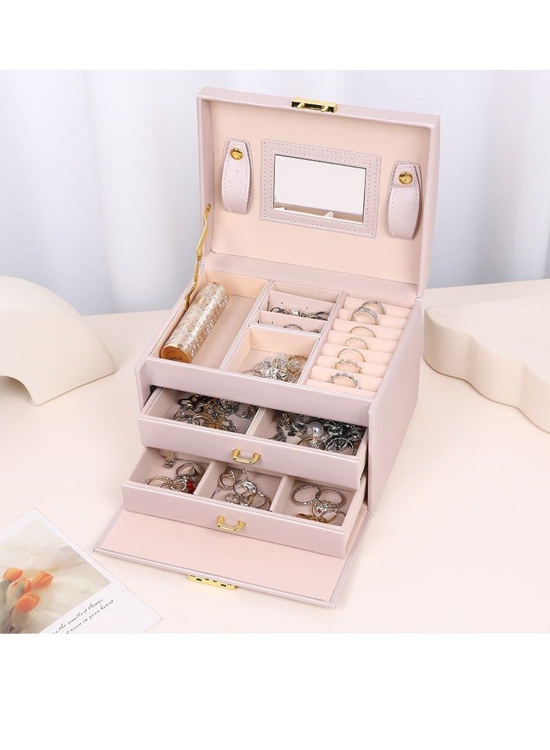 عام صندوق منظم المجوهرات 3 طبقات عالي الجودة مع قفل ومرآة ، أدراج جلد PU ، أقراط مسمار ، أقراط ، تخزين مجوهرات