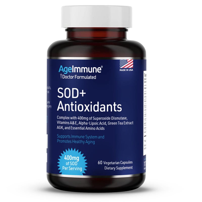 AgeImmune SOD Antioxidants Complex Healthy Aging Supplement - 400mg of Superoxide Dismutase - Alpha Lipoic Acid - L-Arginine -Lysine - AKG - Vitamin A - Vitamin E for Immune Support-60 Capsules - Image 1