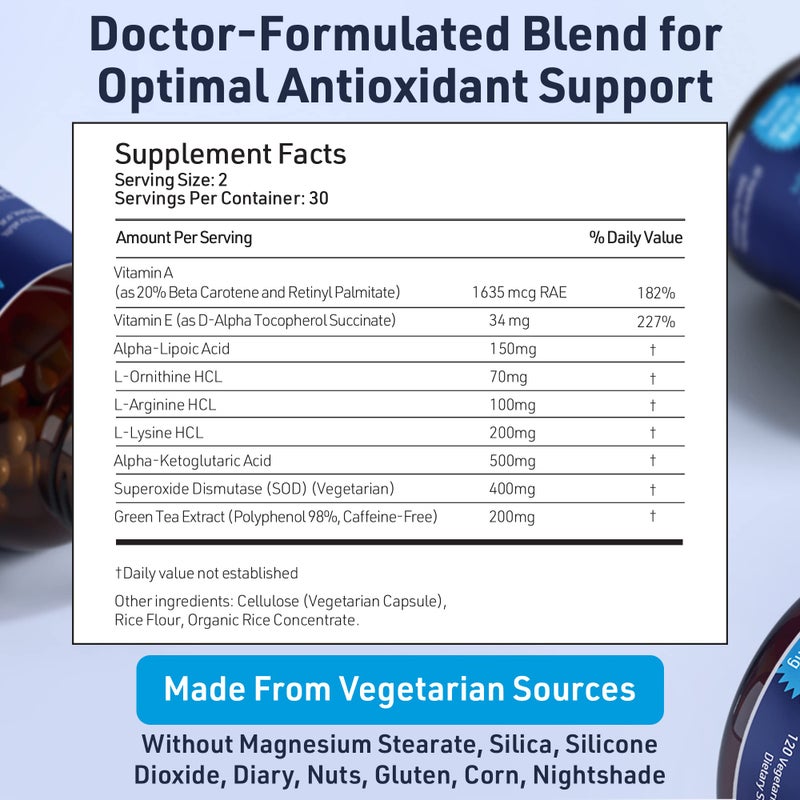 AgeImmune SOD Antioxidants Complex Healthy Aging Supplement - 400mg of Superoxide Dismutase - Alpha Lipoic Acid - L-Arginine -Lysine - AKG - Vitamin A - Vitamin E for Immune Support-60 Capsules - Image 2