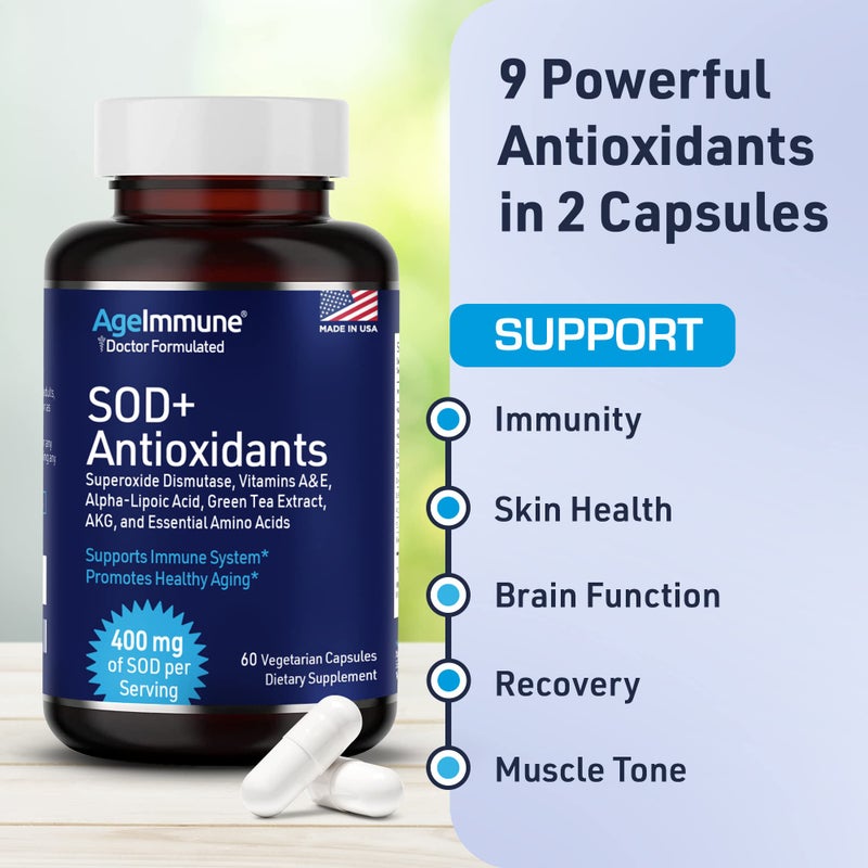AgeImmune SOD Antioxidants Complex Healthy Aging Supplement - 400mg of Superoxide Dismutase - Alpha Lipoic Acid - L-Arginine -Lysine - AKG - Vitamin A - Vitamin E for Immune Support-60 Capsules - Image 4
