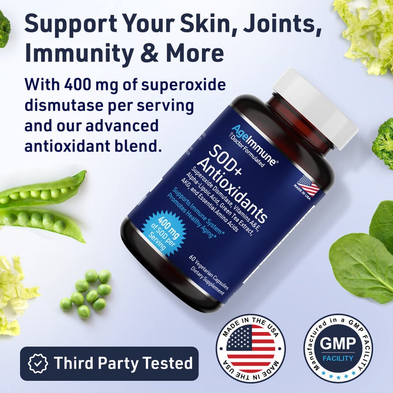 AgeImmune SOD Antioxidants Complex Healthy Aging Supplement - 400mg of Superoxide Dismutase - Alpha Lipoic Acid - L-Arginine -Lysine - AKG - Vitamin A - Vitamin E for Immune Support-60 Capsules - Image 3