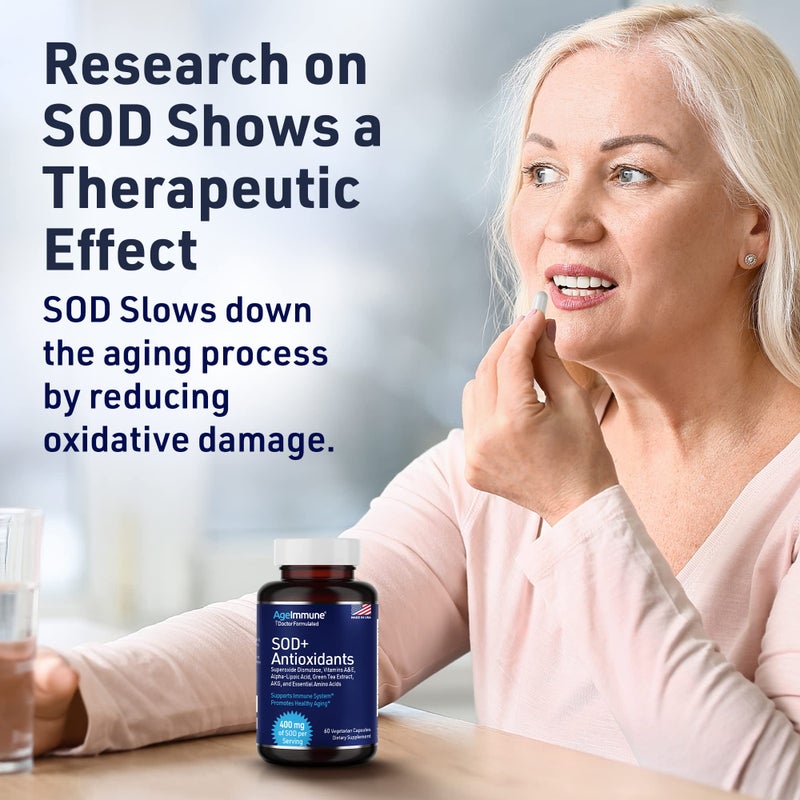 AgeImmune SOD Antioxidants Complex Healthy Aging Supplement - 400mg of Superoxide Dismutase - Alpha Lipoic Acid - L-Arginine -Lysine - AKG - Vitamin A - Vitamin E for Immune Support-60 Capsules - Image 5