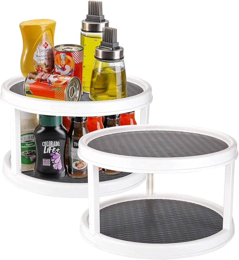 Yesland 2-Tier Lazy Susan Turntable for Cupboard, 12 Inches Non-Skid Tiered Rotating Kitchen Spice Organizer for Cabinets Pantry Bathroom Countertop Refrigerator(Gray and White)