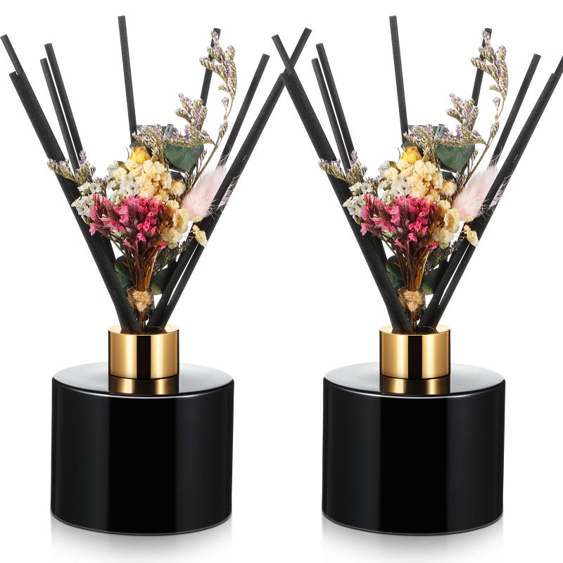 Rtteri 2 Reed Diffuser Sets Flower Oil Diffuser Sticks with Refill Empty 5oz Bottles Scent Glass for Fragrance Home Bathroom Gifts, Oil Not Included(Black Color) - Image 1