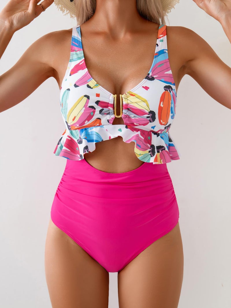 B2prity Womens One Piece Swimsuit Tummy Control Ruffled Bathing Suit V Neck Cutout Swim Suit Tie Back Swimwear - Image 2