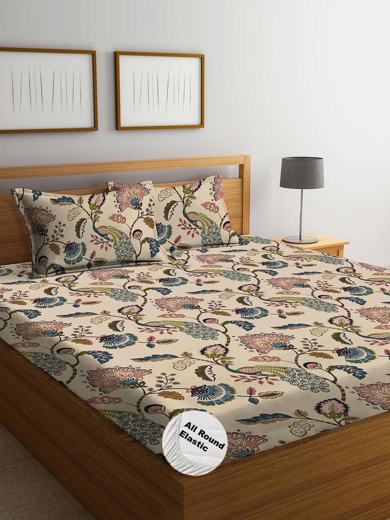 DECOMIZER 300 TC Cotton Feel Glace Cotton Elastic Fitted Printed King Size Double Bed Bedsheet with 2 Pillow Coverm Fits Upto 8 inches MattressSize 72x78x10 InchesBeige Anokhi