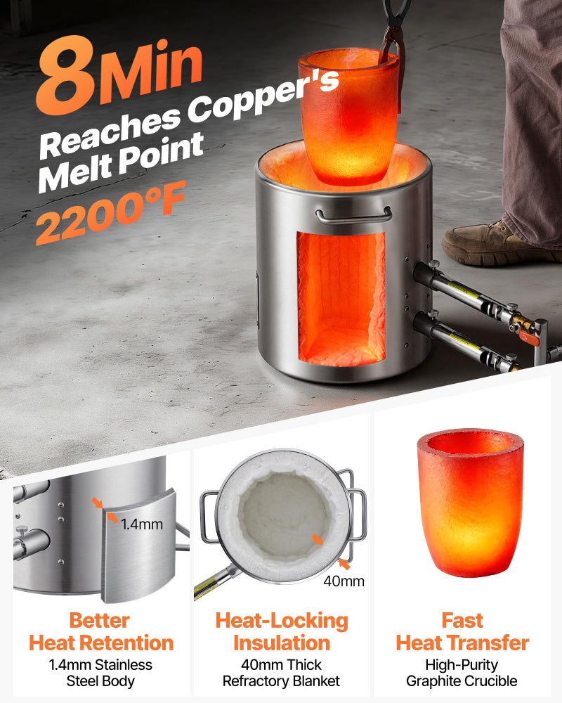VEVOR 12KG Propane Melting Furnace Kit Large Capacity Foundry Home, Blacksmithing Forge with Crucible & Tongs Kiln, Stainless Steel Smelter, for Metal Scrap Recycle, Gold Copper Silver Casting - Image 2