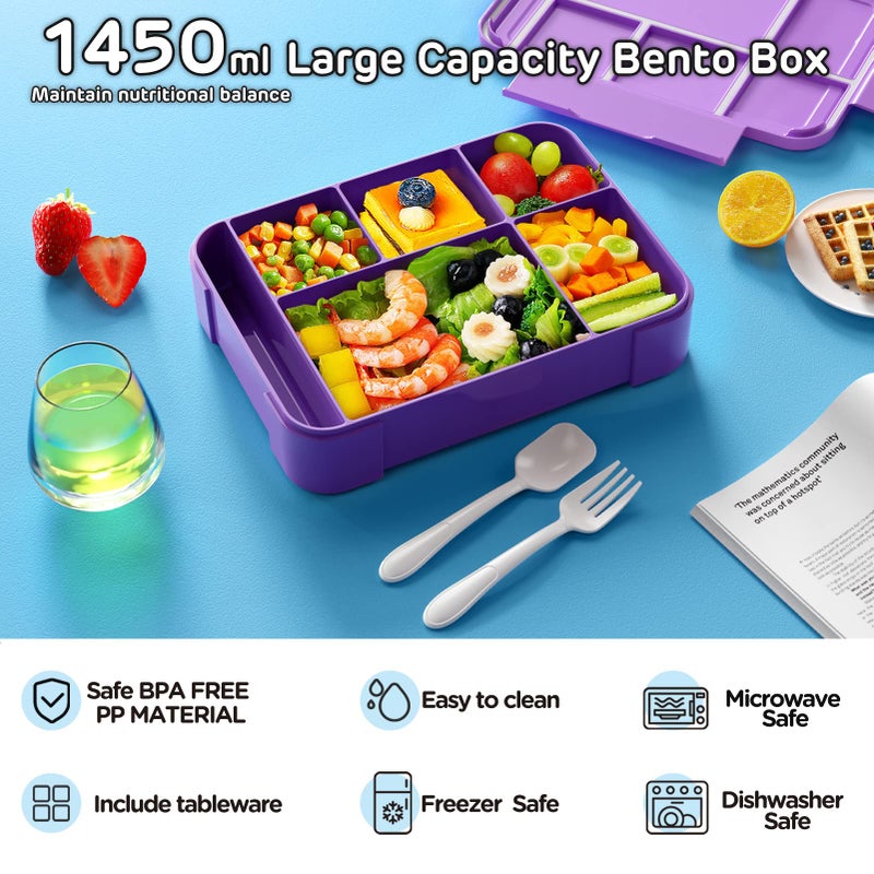 Jelife Lunch Box Kids Bento Box - 1450ml Large Leakproof 6 Compartments Kids Lunchbox Toddler Bento Box with Utensils for Back to School Book-Style Reusable Lunch Snack Containers for Daycare - Image 2