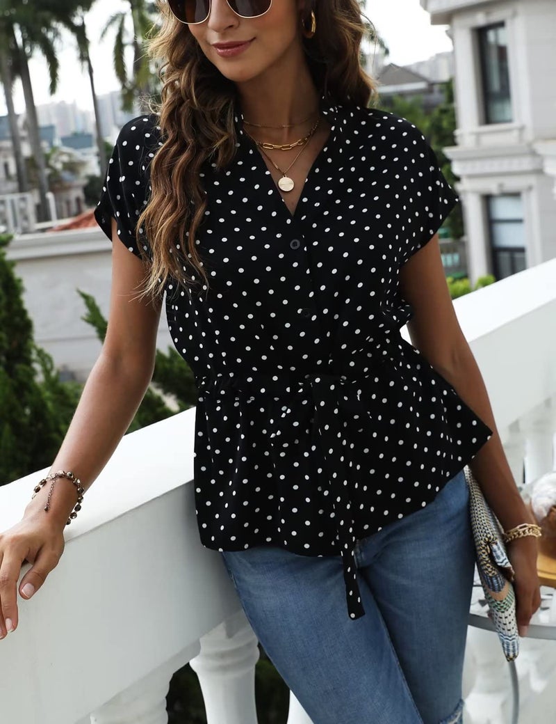 CiCiBird Womens Button Down Blouses Casual Peplum Summer Tops Dressy Chiffon Work Blouse Polka Dot Black Large - Image 3
