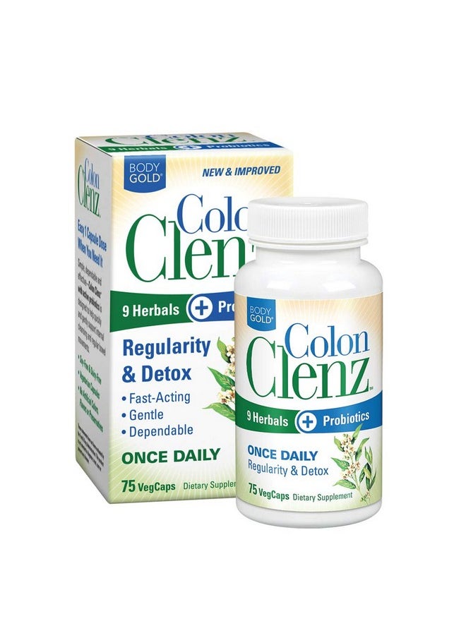 Body Gold - Colon Clenz Regularity & Detox Formula | Once Daily Support With 9 Herbs + Active Probiotics | 75 Ct - Image 1