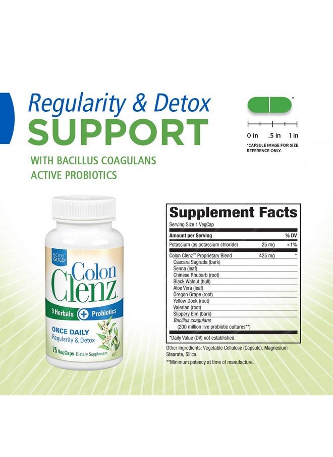 Body Gold - Colon Clenz Regularity & Detox Formula | Once Daily Support With 9 Herbs + Active Probiotics | 75 Ct - Image 1