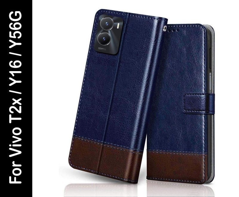 Windmill Premium Vegan Leather Dual Flip Mobile Cover Case|Kickstand & Card Holder|360 Degree Grip Protection| Wallet Type with Magnetic Closure for Vivo Y56 5G-(Blue with Brown) - Image 2