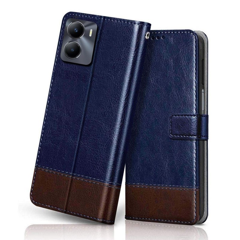 Windmill Premium Vegan Leather Dual Flip Mobile Cover Case|Kickstand & Card Holder|360 Degree Grip Protection| Wallet Type with Magnetic Closure for Vivo Y56 5G-(Blue with Brown) - Image 1