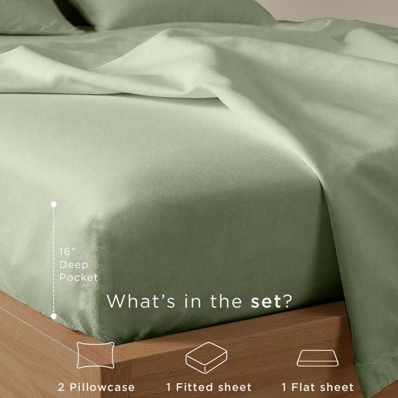 Threadmill Cotton Queen Sheet Set | 100% Cotton Sheets for Queen Size Bed | Solid Sateen Queen Bed Sheets Set with 16â€ Deep Pocket | Soft Breathable 4-Piece Cooling Bedding Sheet Set | Sage Green - Image 3