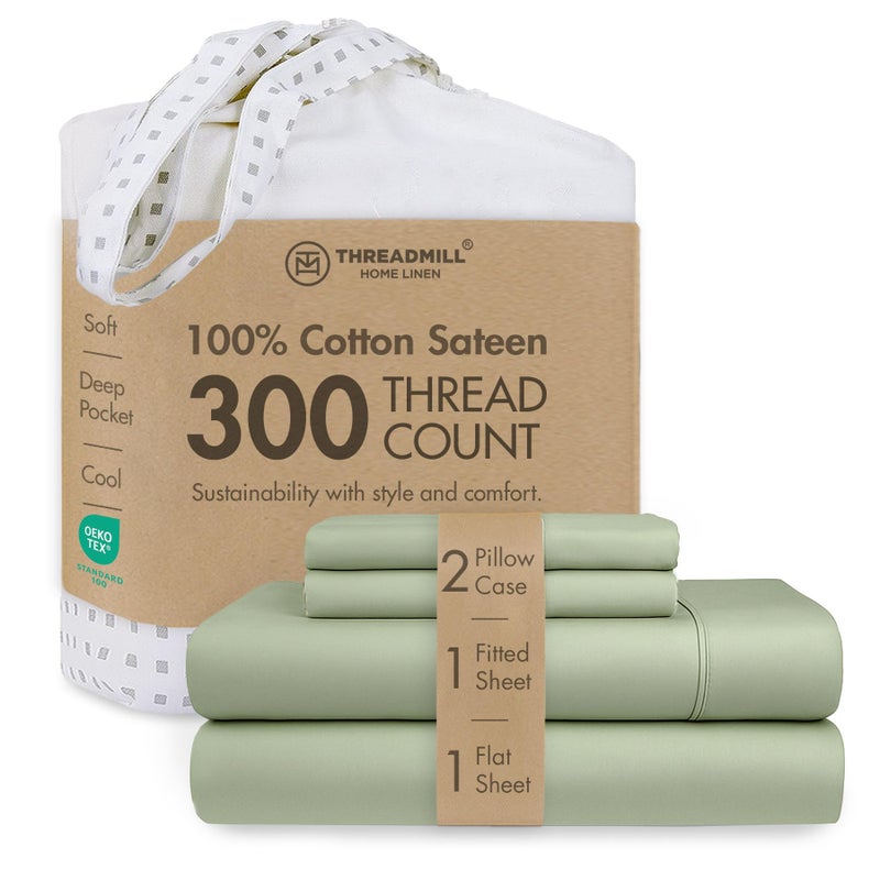 Threadmill Cotton Queen Sheet Set | 100% Cotton Sheets for Queen Size Bed | Solid Sateen Queen Bed Sheets Set with 16â€ Deep Pocket | Soft Breathable 4-Piece Cooling Bedding Sheet Set | Sage Green - Image 1