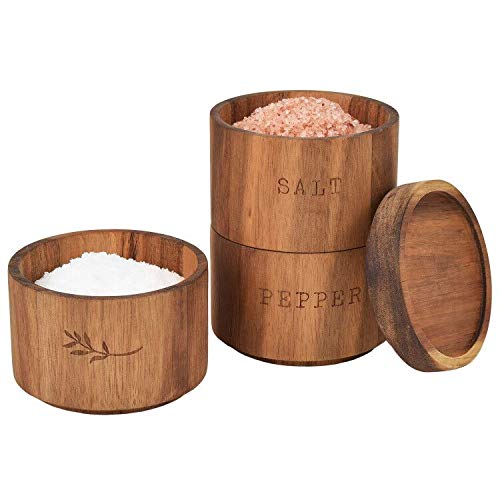 Acacia Wood Salt Pepper Shaker Set Cellar 3 piece Stacking Spice Box